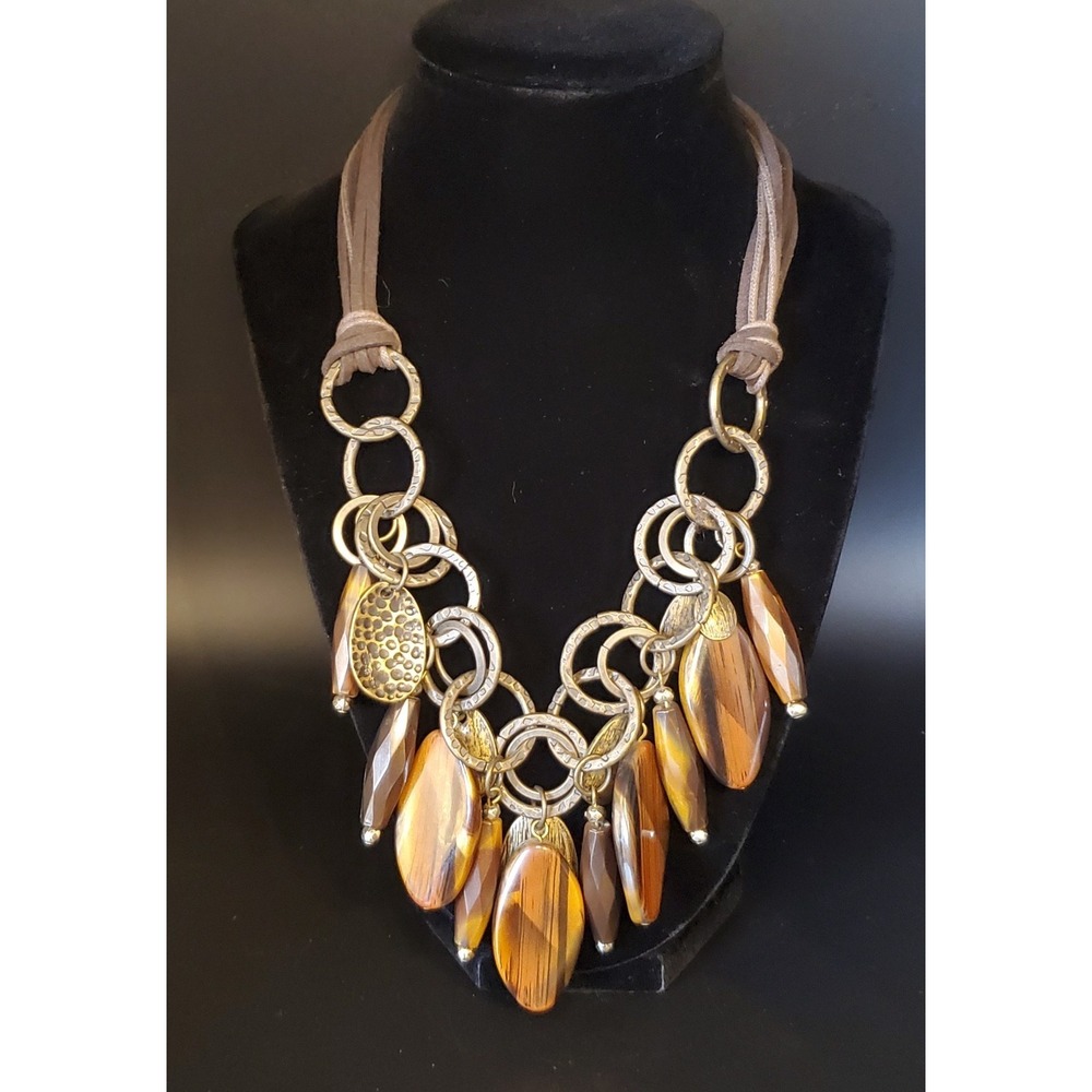 Faux Tiger Eye Fringy Necklace. Goldtoned On Large Chain Link W/Leather Cord 21"